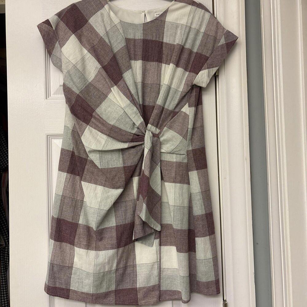 Spirit of Grace Burgundy Plaid Mock Tie Short Sleeve Dress. Size Small. Cotton.